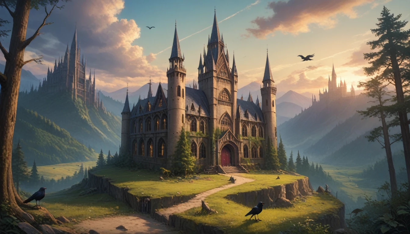 mountains of golden skulls, crow, Cathedral, twilightull, twilight, crows fall all over the ground, Dark forest, 1 girl, One, Spider lily, Best quality, high quality, a high resolution, masterpiece, cinematic film still,score_9,score_8_up,score_7_up,masterpiece,best quality,8k,source_cartoon,source_アニメ, ultra quality,