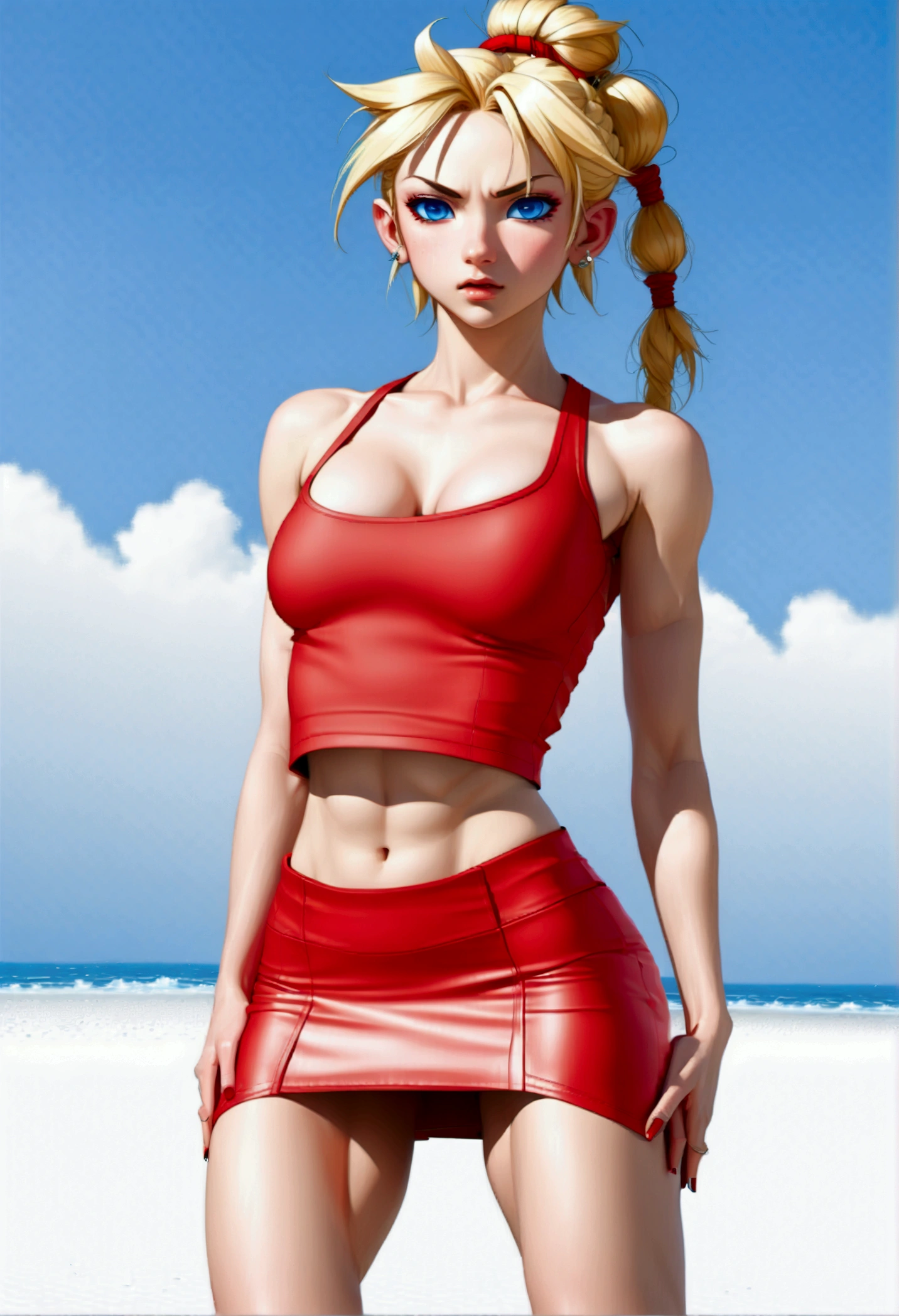 (promotional art), (Whole body view:1.25), (Kid from Chrono Cross), yellow hair in high ponytail braid, sapphire blue eyes, very slender toned frame, medium/large bust, flat tummy, pale white skin, (strong glutes), fierce expression, BREAK: (tight red micro skirt with very high front slit:1.6), high cropped red jacket with short sleeves, skin tight white sports bra under jacket, (tight white sports bra:1.25), loose brown leather ankle boots, BREAK: 1/4 walking pose, on a white sand beach, ocean spray shooting up behind her