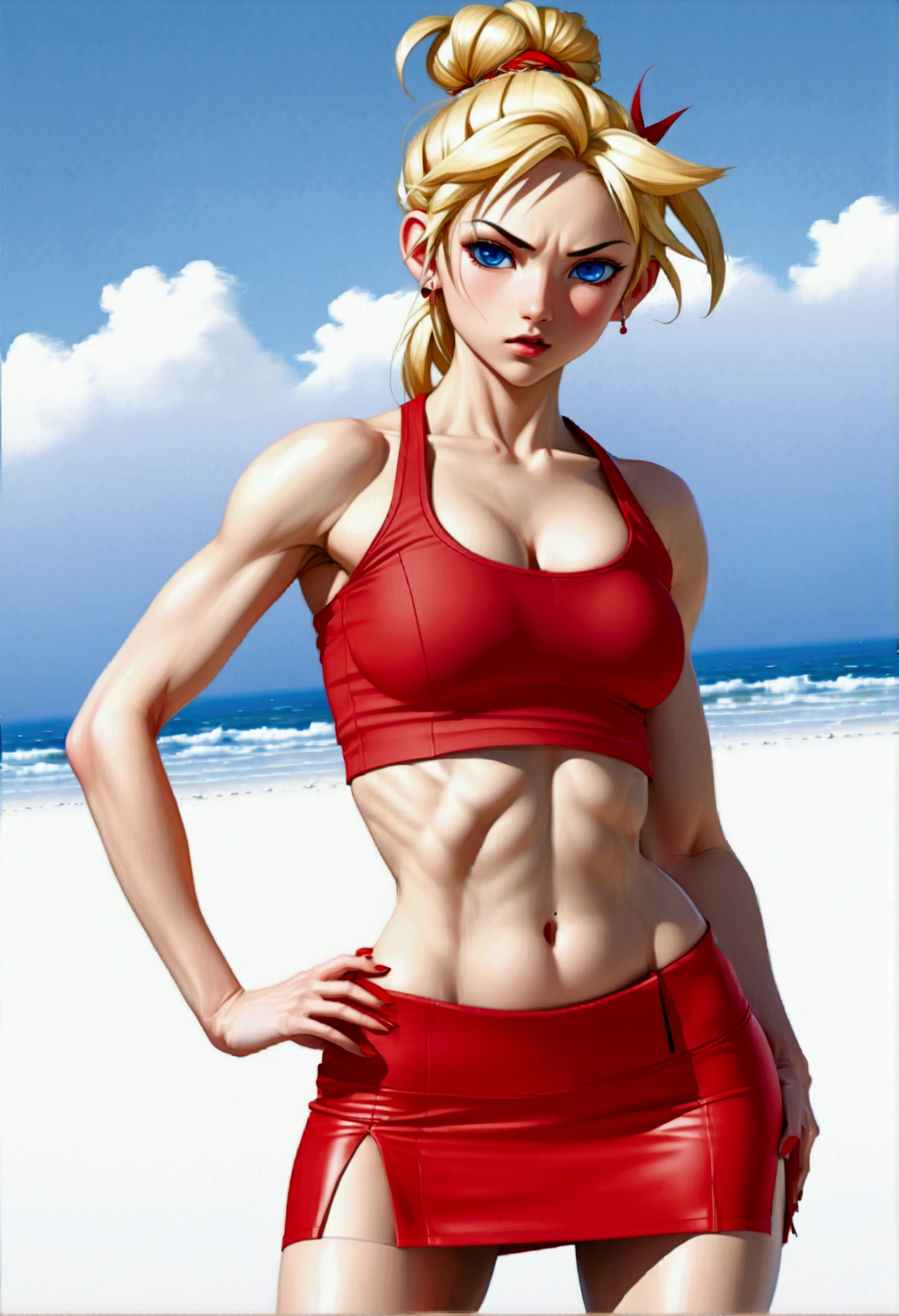 (promotional art), (Whole body view:1.25), (Kid from Chrono Cross), yellow hair in high ponytail braid, sapphire blue eyes, very slender toned frame, medium/large bust, flat tummy, pale white skin, (strong glutes), fierce expression, BREAK: (tight red micro skirt with very high front slit:1.6), high cropped red jacket with short sleeves, skin tight white sports bra under jacket, (tight white sports bra:1.25), loose brown leather ankle boots, BREAK: 1/4 walking pose, on a white sand beach, ocean spray shooting up behind her