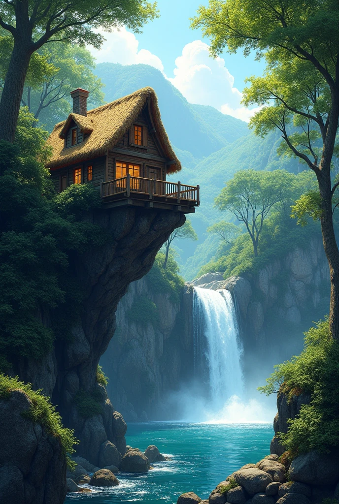 The image shows a beautiful wooden house with a thatched roof nestled in the middle of a lush green forest. The house is perched on a cliff overlooking a waterfall cascading down a rocky cliff. The waterfall is surrounded by tall trees and greenery, creating a peaceful and serene atmosphere. The sky is blue and the water is a deep blue-green color. The overall mood of the image is one of tranquility and serenity.