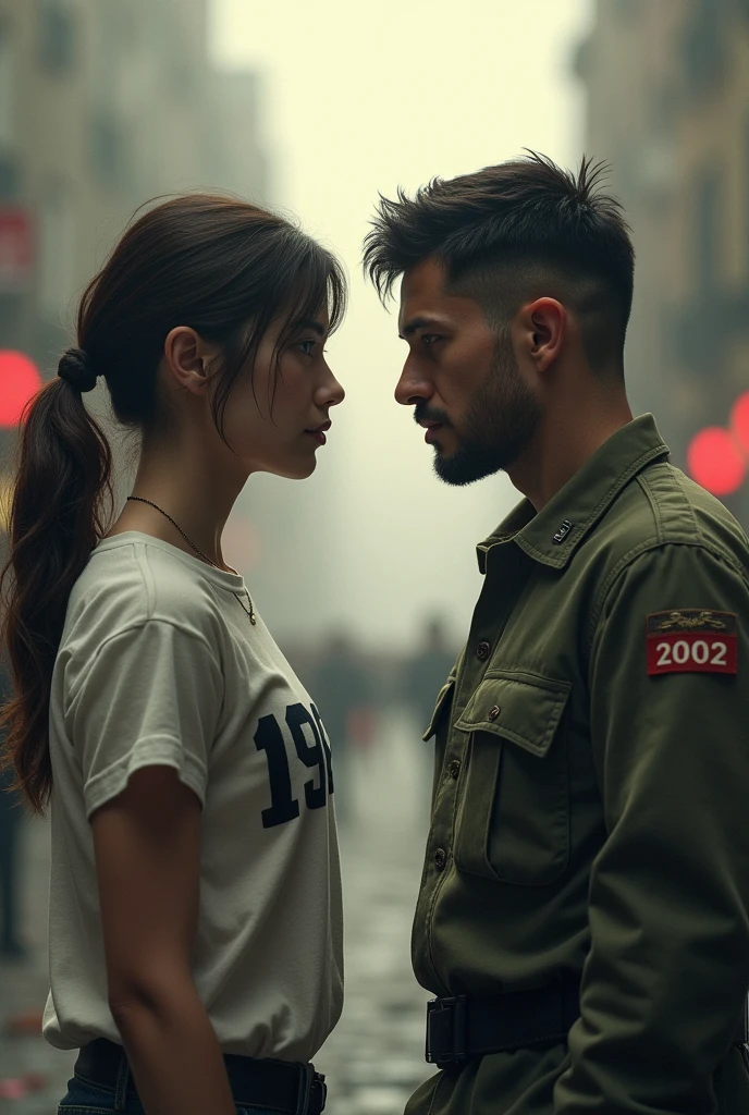 A young woman wearing a shirt with the number 1998 with a soldier wearing a shirt with the number 2002, looking at each other face to face 