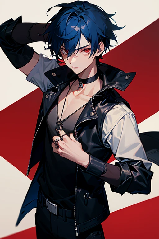 1boy, navy blue hair, red eyes, black clothes, black choker, rings on fingers, leather vest, open chest, teenage