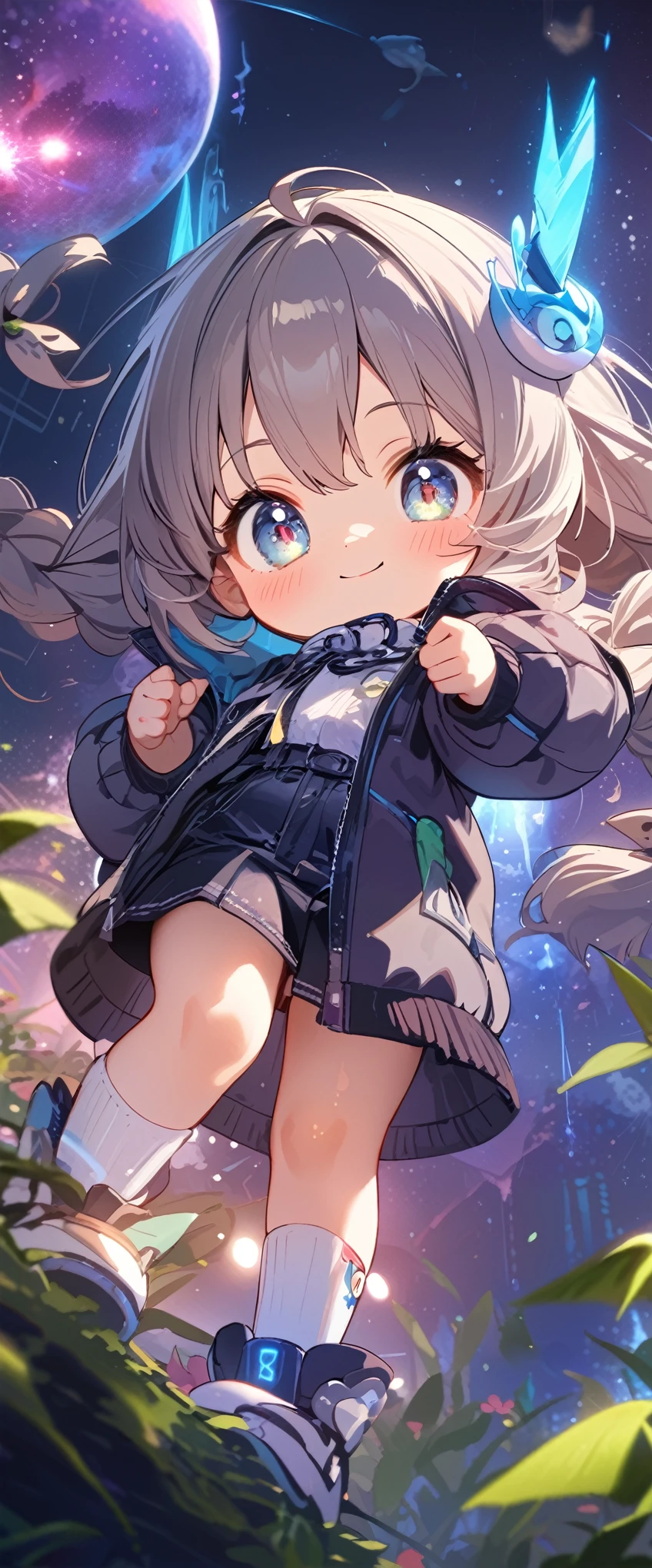quality\(masterpiece, best quality,8k,wallpaper of extremely detailed CG unit,hight resolution,top-quality,top-quality real texture skin,hyper realisitic,increase the resolution,RAW photos,best qualtiy,highly detailed,the wallpaper\), BREAK ,1girl\(chibi,super cute, adorable, kawaii,small kid,5 years old,chibi,big smile,cute smile,wearing jacket\(leather\(very detailed\),(black:1.3),(((very big))),too big,smooth, shiny\),weaing only jacket,full body,big eyes,cosmic eyes,long hair\(cosmic hair,braid hair,\)\), BREAK ,background\(at fashion studio,flowers\((black:1.3),many kinds of flowers,beautiful\),best lighting,\),flom below,dynamic angle