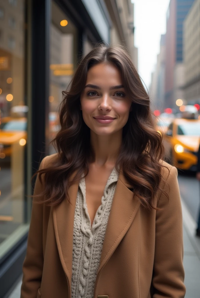 Hyperrealistic portrait of a young, elegant woman, Wavy brown hair, wearing a light brown wool coat, standing on a busy New York sidewalk, natural morning light, softshadows, reflected in the shop windows in the background, precise details in the texture of the coat and hair, serene expression, lips slightly curved in a smile, brown eyes shining under the light, background with tall buildings of modern architecture, yellow taxis in blurred motion, people in the background slightly out of focus, (sharp facial details), ((smooth and realistic skin)), (((diffuse and warm light))).