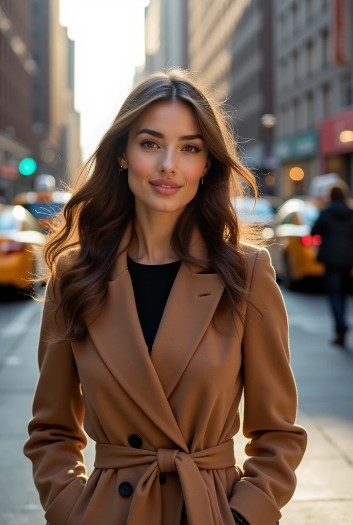 Hyperrealistic portrait of a young, elegant woman, Wavy brown hair, wearing a light brown wool coat, standing on a busy New York sidewalk, natural morning light, softshadows, reflected in the shop windows in the background, precise details in the texture of the coat and hair, serene expression, lips slightly curved in a smile, brown eyes shining under the light, background with tall buildings of modern architecture, yellow taxis in blurred motion, people in the background slightly out of focus, (sharp facial details), ((smooth and realistic skin)), (((diffuse and warm light))).