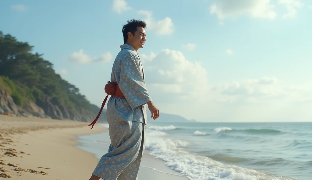 (best quality, masterpiece, ultra detailed, ultra high res, photorealistic, raw photo, absurdres, absolutely resolution), A Japanese man wearing a kimono at the beach in the daytime turns to the side and smiles at me