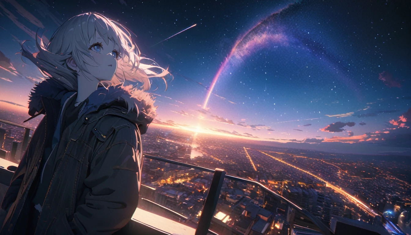 Angelic, detailed woman, Starry Sky, shooting star , horizon, In the sky, city , Lens flare, colorful,coat, Put your hands in your pockets,(student, 18-year-old, ＪＫ, Her short silver hair sways, Pale skin,) Looking up at the sky, Beautiful sky, The scenery is beautiful., 広いLooking up at the sky, Colorful summer flowers are blooming everywhere., I see the wind blowing and shining, In the skyは正午の月と正午の星がある,From below, break ,quality(8k,非常に精細なCGユニットのwallpaper, masterpiece,High resolution,top-quality,top-quality real texture skin,Surreal,Increase the resolution,RAW Photos,最高quality,Very detailed,wallpaper,Cinema Lighting,Ray Tracing,Golden Ratio),Have a long-term perspective