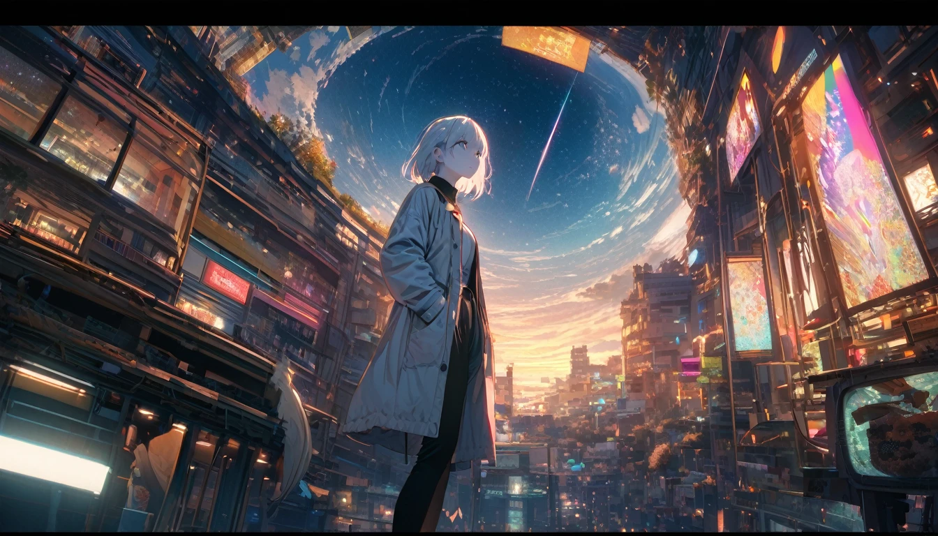 Angelic, detailed woman, Starry Sky, shooting star , horizon, In the sky, city , Lens flare, colorful,coat, Put your hands in your pockets,(student, 18-year-old, ＪＫ, Her short silver hair sways, Pale skin,) Looking up at the sky, Beautiful sky, The scenery is beautiful., 広いLooking up at the sky, Colorful summer flowers are blooming everywhere., I see the wind blowing and shining, In the skyは正午の月と正午の星がある,From below, break ,quality(8k,非常に精細なCGユニットのwallpaper, masterpiece,High resolution,top-quality,top-quality real texture skin,Surreal,Increase the resolution,RAW Photos,最高quality,Very detailed,wallpaper,Cinema Lighting,Ray Tracing,Golden Ratio),Have a long-term perspective