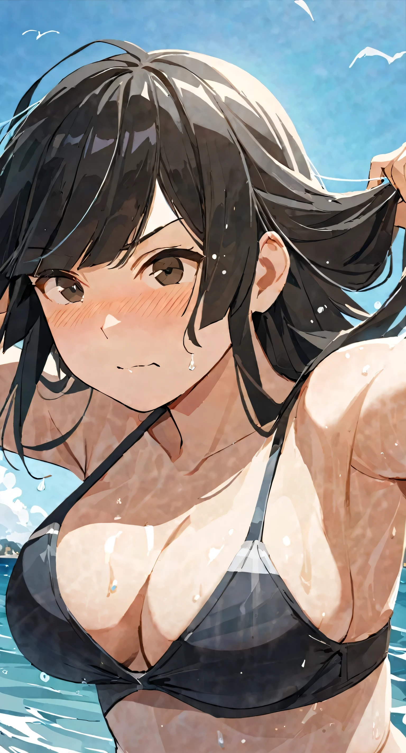 masterpiece,best quality, solo, eda, bangs, black hair, upper body,blue sky,cloud, shy expression, medium breast, hot, thicc, swimsuit , ocean, water, she is tying her hair, she is shy, embarrassed , she is embarrassed, dynamic pose, close shot, upper body, chubby, dynamic pose, trying hard, serious face, her chest is getting bigger