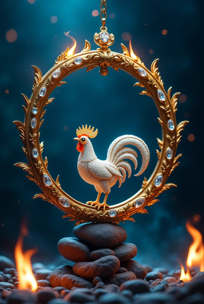 Bright dark blue background with a gold hoop in the center with small rooster made of diamond and jewel inside and flames on the edges of the fonBright dark blue background with a gold hoop in the center with small rooster made of diamond and jewel inside and flames on the edges of the background