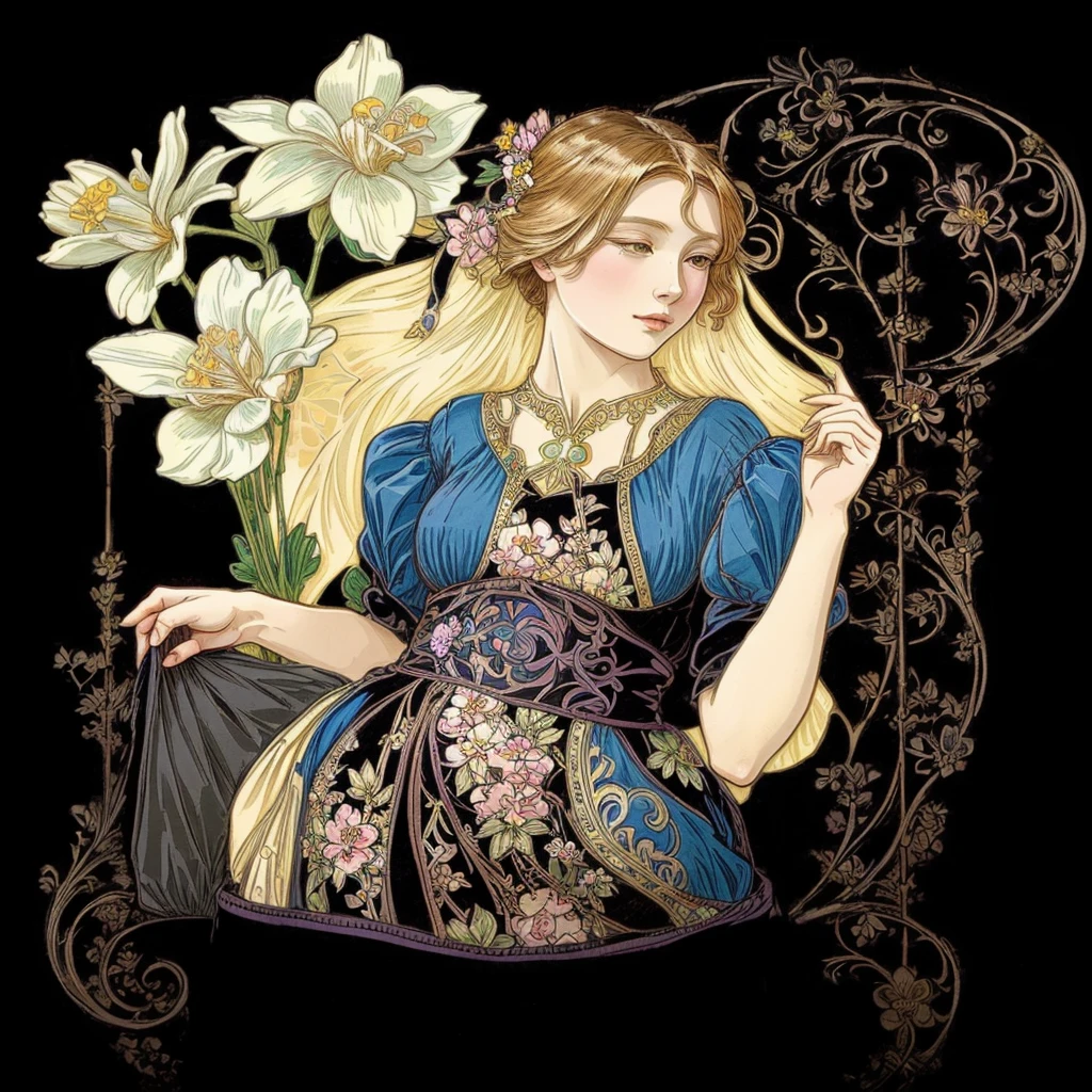 a woman with a flower in her hand and a purse, inspired by Eugène Grasset, anime art nouveau, alphonse mucha style, medieval princess, the non-binary deity of spring, art nouveau fashion, raphaelite and alphonse mucha, inspired by mucha, flower queen, korean art nouveau anime, queen of flowers, inspired by Walter Crane