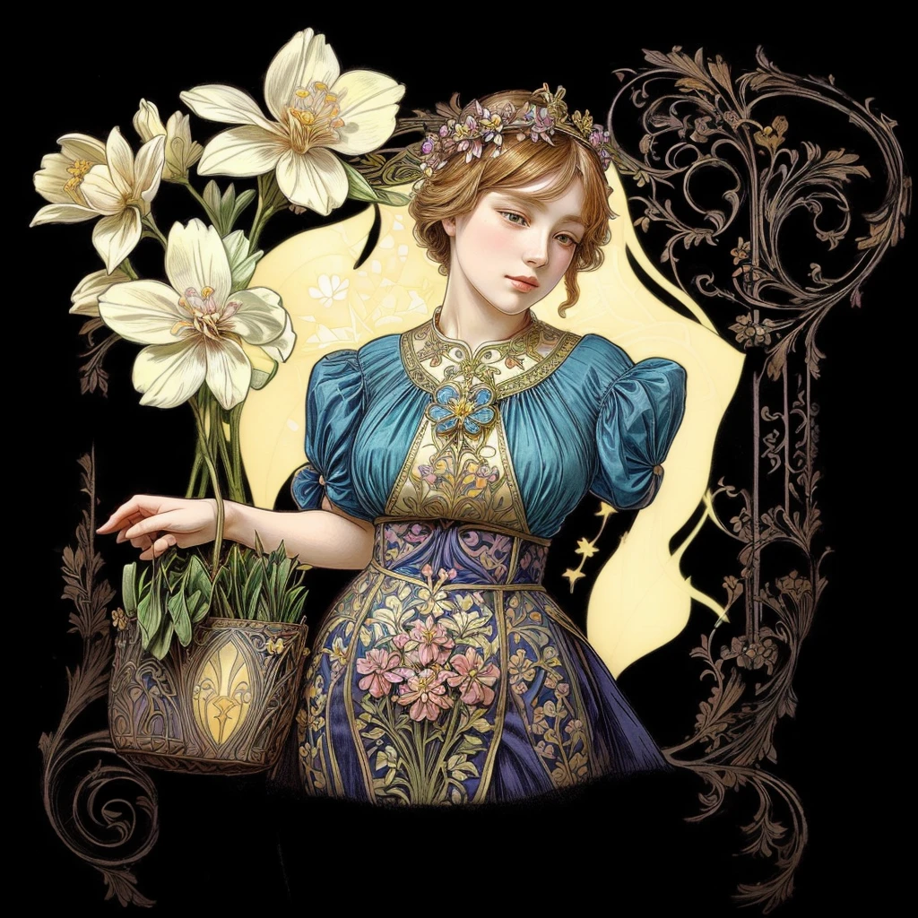 a woman with a flower in her hand and a purse, inspired by Eugène Grasset, anime art nouveau, alphonse mucha style, medieval princess, the non-binary deity of spring, art nouveau fashion, raphaelite and alphonse mucha, inspired by mucha, flower queen, korean art nouveau anime, queen of flowers, inspired by Walter Crane