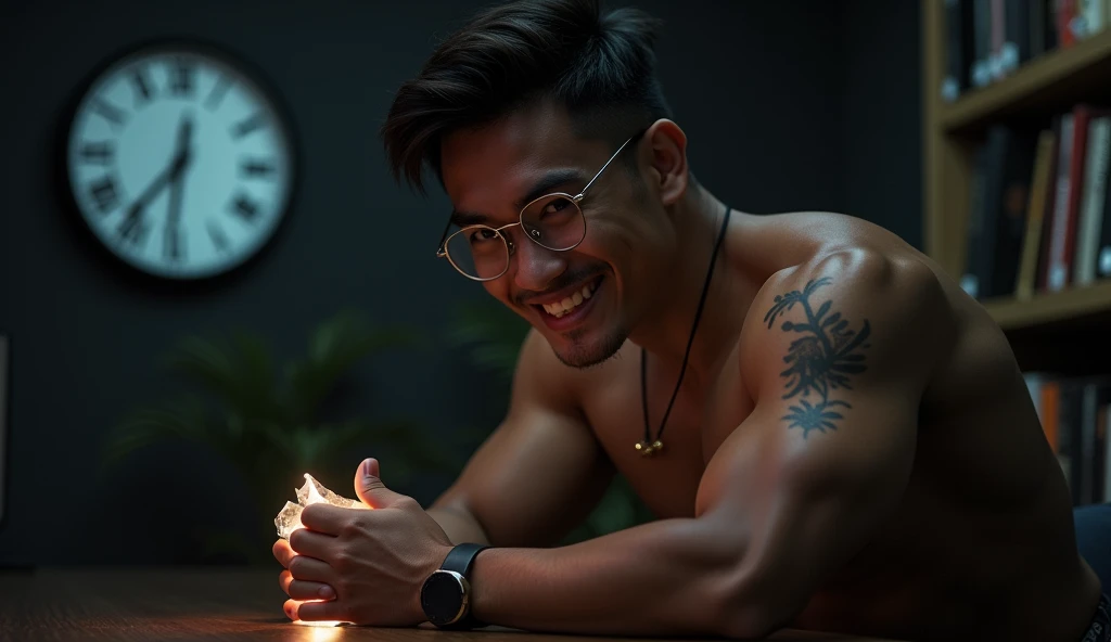 nsfw, full body, best quality, masterpiece, extremely detailed, masculine, sexy, homoerotic, 25 year old bruneian malay man, wearing glasses, round face with chubby cheeks, athletic muscular build, cheeky smile, fitted clothes, glowing quartz crystal pendant, bends forward and leaning elbows on a table, in library, side view, afterhours, lights off, at midnight, cinematic shadows, dreamy atmosphere, perfect face, perfect hands, perfection