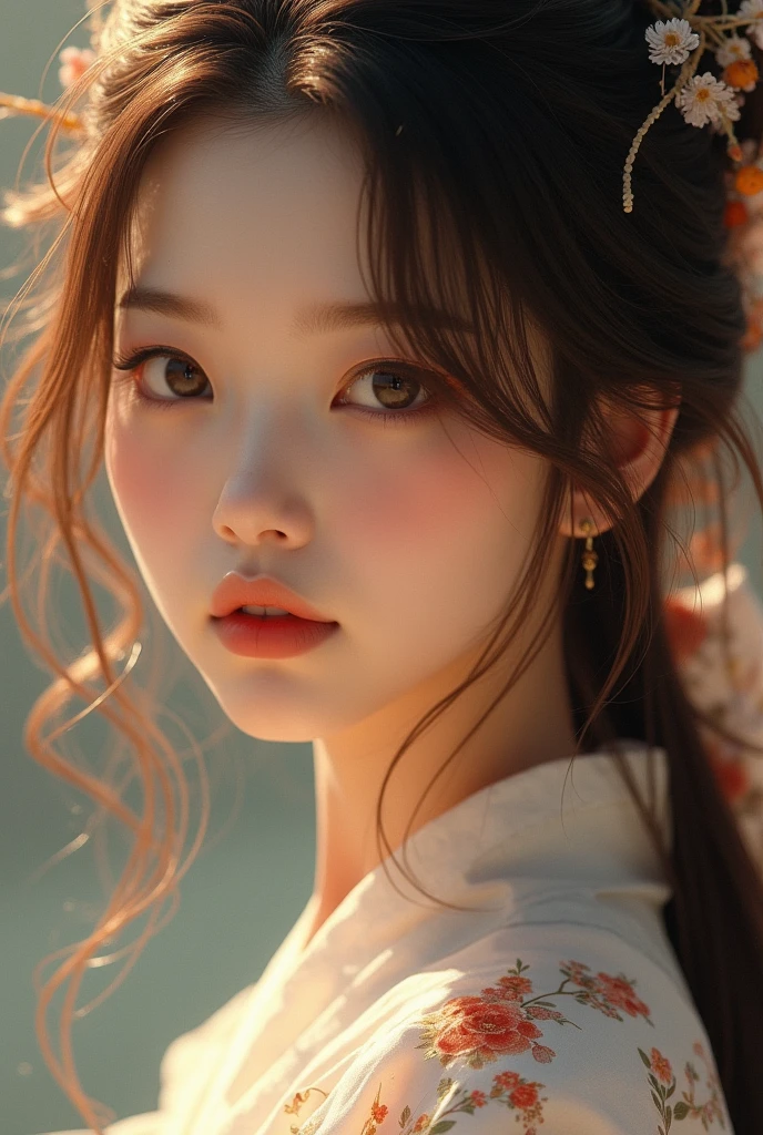 (raw photo:1.2),((photorealistic:1.4))best quality ,masterpiece, illustration, an extremely delicate and beautiful, extremely detailed ,CG ,unity ,8k wallpaper, Amazing, finely detail, beautiful detailed girl, extremely detailed eyes and face,cinematic lighting, hanfu, brown hair, windy, high detail hair,(ful body)