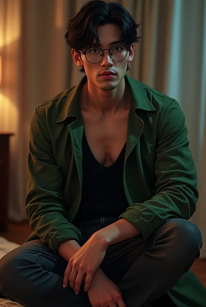 22 year old man, black hair, cute, horny, toned body, big chest, black t-shirt raised above the chest and open green coat, round glasses, kneeling