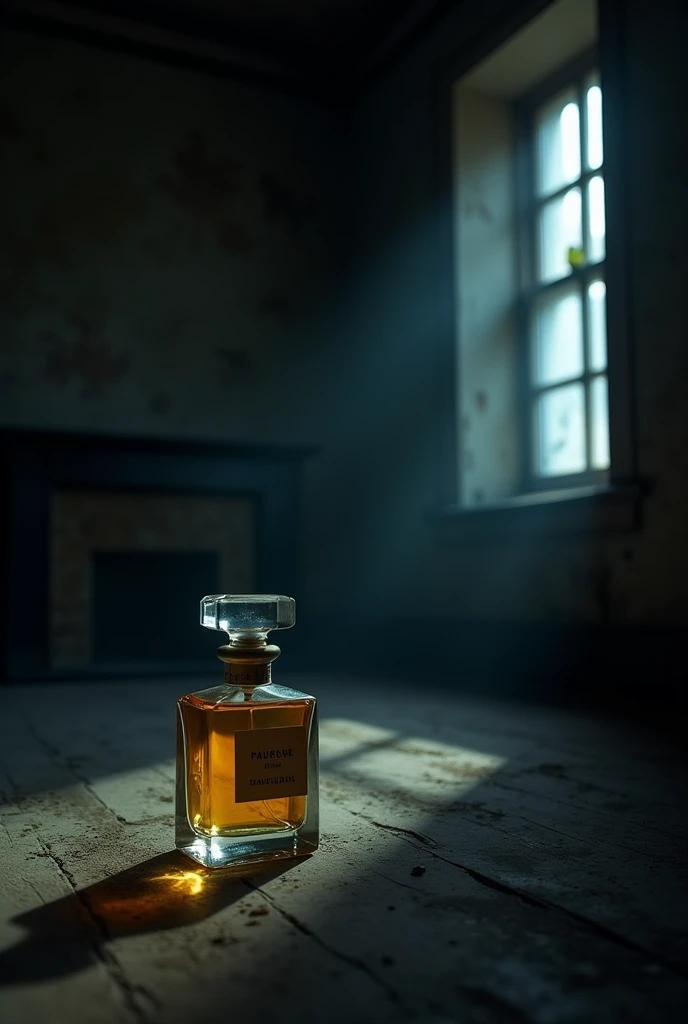 "Create a dark, abandoned room with the perfume bottle as the central focus, hinting at the lingering presence of the spirit.