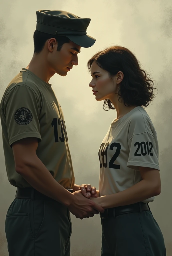 A young woman wearing a shirt with the number 1998 with a soldier wearing a shirt with the number 2002, holding hands 