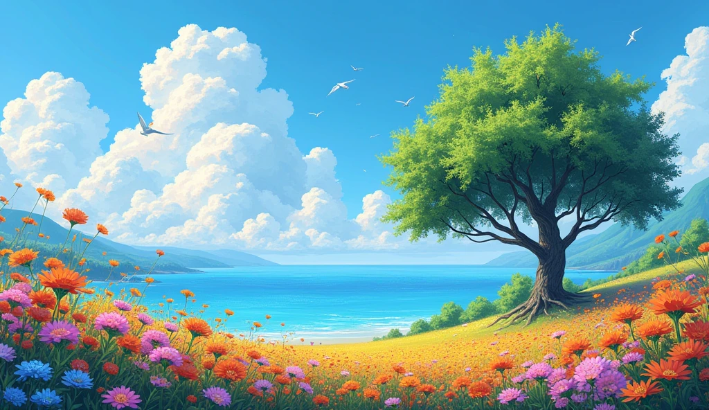 In the midst of colorful nature、pink、orange、Blue colorful tree々、Green or blue、A pixelated tree with yellow dots, like a game々、A mix of games and reality、Exciting game background images、Colorful flower field、You can see the sea.、Birds fly、Full of life