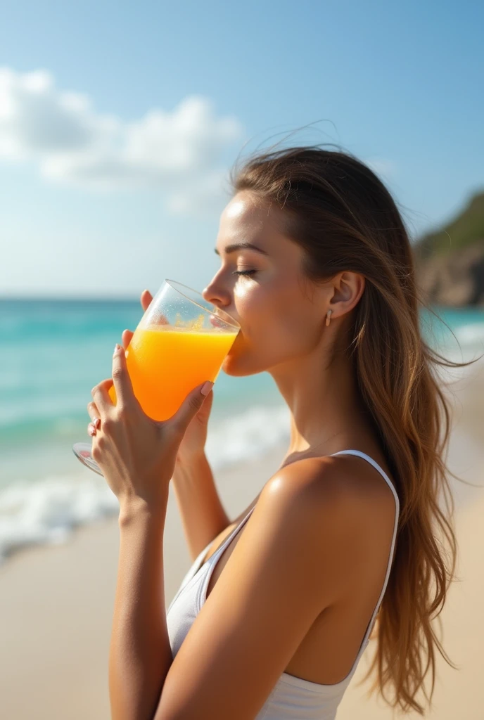 Woman on the beach drinking a glass of orange juice