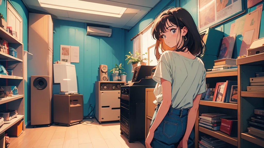 90s city pop vibes。With just a short-sleeved T-shirt、Casual clothing。Highest quality。A beautiful woman with long, straight brown hair。The subject is standing alone with his back to the wall。Dynamic Angle。In a room lined with records。Listening to music through headphones。