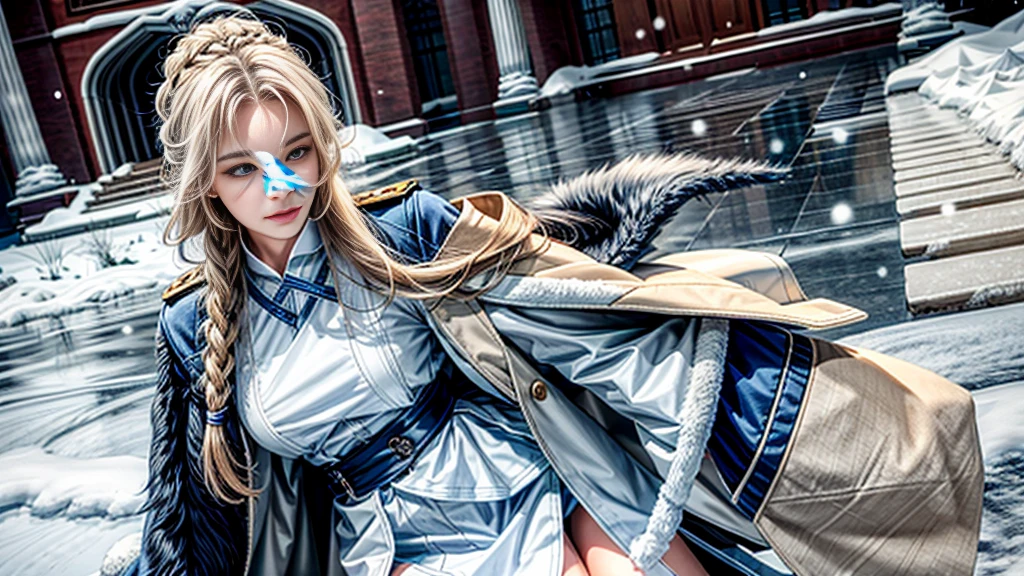 (highest resolution, distinct_image), realistic, Best quality, single person, one girl, solo, masterpiece, highly detailed, realistic, long hair, braided white blond hair, (blue military uniform underneath the coat), depth of field, (falling snow), ((big breasts)), authoritative, dignified, calm and powerful expression, ambient lighting, exquisite facial feature, (fur-trimmed white coat), open coat, short skirt, looking at viewer, head to waist, dynamic angle, light smile, ((from front)), (full body), (((quiet and spacious plaza in background)))