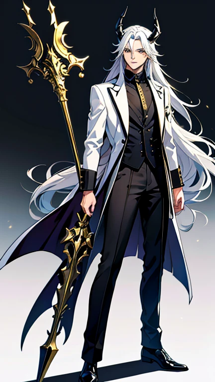 Handsome, solo, 1 male, long hair, white hair, yelow eye, wearing a black shirt, black and white suit, and black dress shoes, with two golden horns, standing while holding a black halberd.