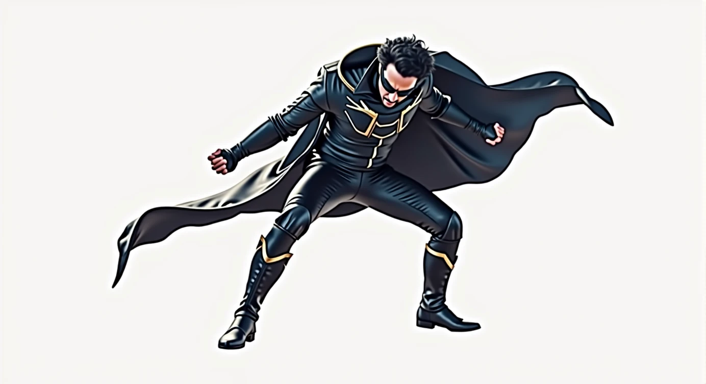 Krrish, the Indian superhero, is captured in a powerful superhero landing pose on a rooftop at night. He has one knee and one fist touching the ground, his head slightly bowed, with his long black coat billowing behind him. His black, form-fitting costume is sleek and modern, with sharp, angular lines, and his signature black mask covers his eyes, giving him a mysterious appearance. The image focuses on the details of his costume—the leather-like texture, metallic accents, and the way his coat flows in the wind. The background is dark, with city lights in the distance, but the focus remains on Krrish and his striking costume, illuminated by a soft, dramatic light
