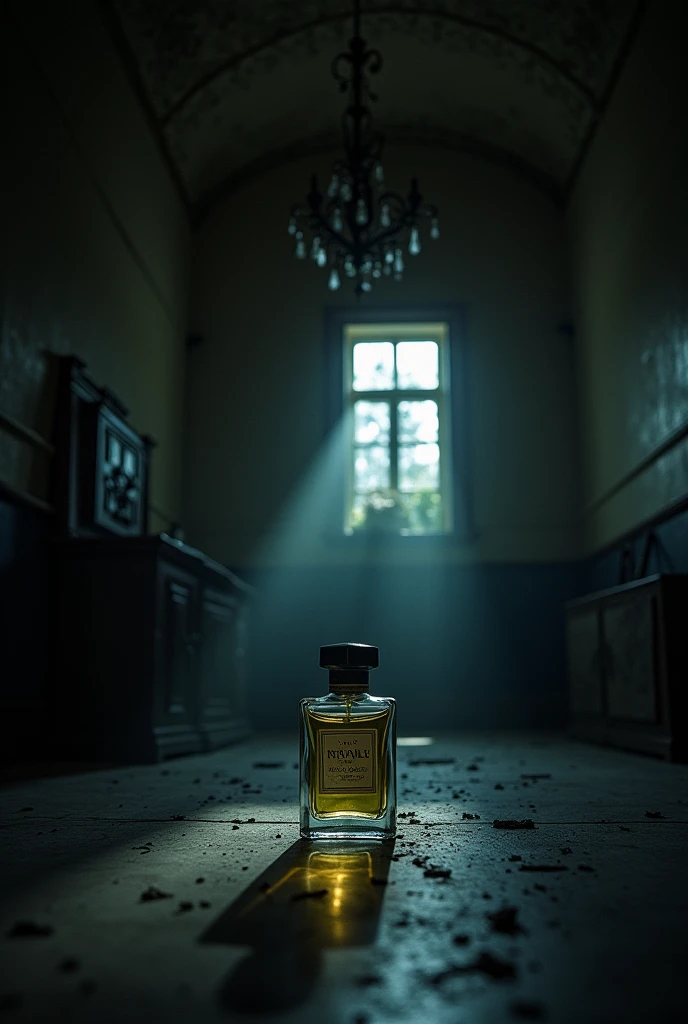 "Create a dark, abandoned room with the perfume bottle as the central focus, hinting at the lingering presence of the spirit. More