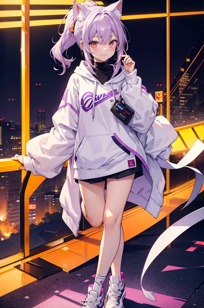 Full body portrait,boy,Light purple hair,ponytail,Hair up to shoulders,Orange Eyes,Cat ear,Around 16 years old,White hoodie outfit,Mouth open,smile,Moe sleeves,Cute pose