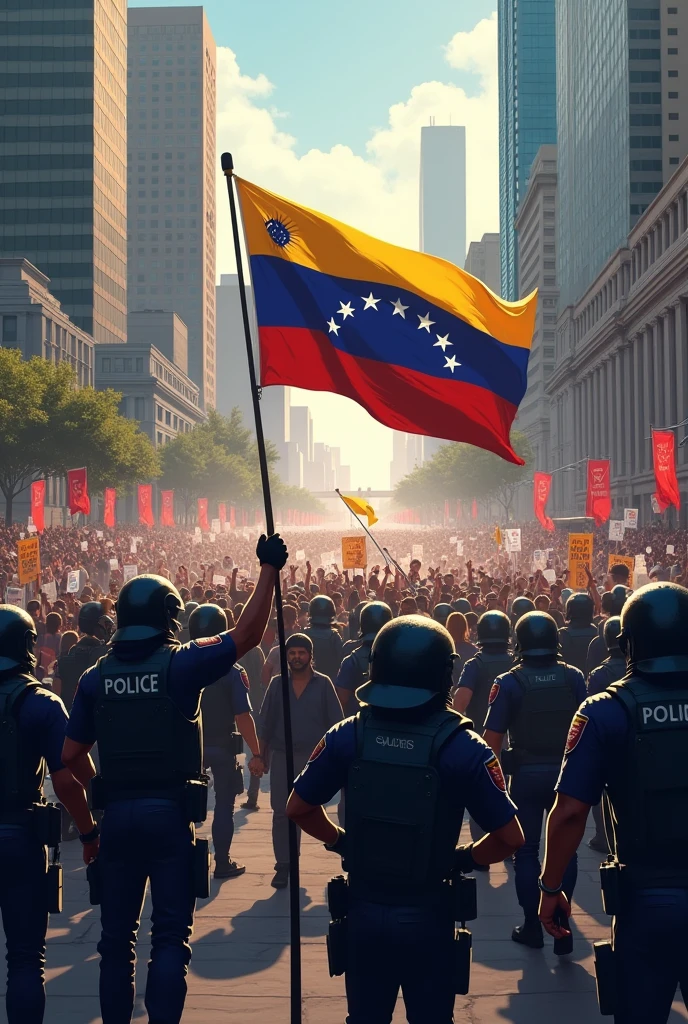 A city in protest, Police against civilians, Venezuela&#39;s flag 