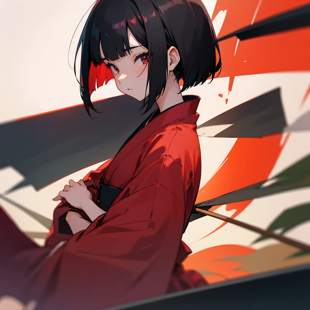 Red kimono、Bobcut、Black Hair、Natto、girl