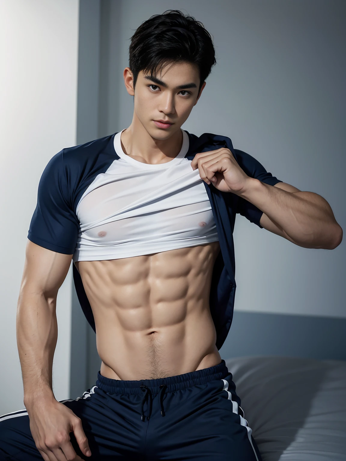 1 Handsome naked Japanese guy ,Sexy pose, A 20 year-old man wearing a Bare chest shirt and Excellent shorts stands against a white background, navy Blue, navy Blue, Sports T-shirt, Blue, Excellent Sportswear, Gorgeous and sexy clothes, Sportswear, Short sleeve, Jinjinshen Blue clothes, Tall young man, Tennis suits, Wearing Sportswear, dark Blue decorative clothing,male,Bare chest,Full chest muscles,Swelling of chest muscles,Six-pack,Hips, Handsome,High,Muscles look good,hairy body,Sexy expression, Wheat complexion,black eyes(thin eyes 1:3),Full body image, Excellent, perfect dick shape, Perfect hand details,Detailed you, , Mostly juicy ass, The opening of your legs