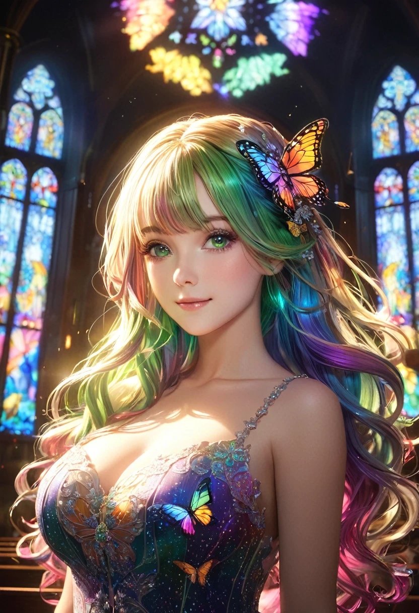 1girl, masterpiece, extremly detailed, ((Cinematic lighting)), (glowing), ((dramatic lighting)), ((beautiful detailed glow)), intricate detail, lens flare, multicolored hair, rainbow hair, long hair, multicolored dress, butterfly hair ornament, butterflies, (light particles), Arms behind back, large breasts, [curvy], cowboy shot, light smile, green eyes, church, stained glass, spotlight, dark background, floating hair, floating hair, looking at viewer,((colorful))