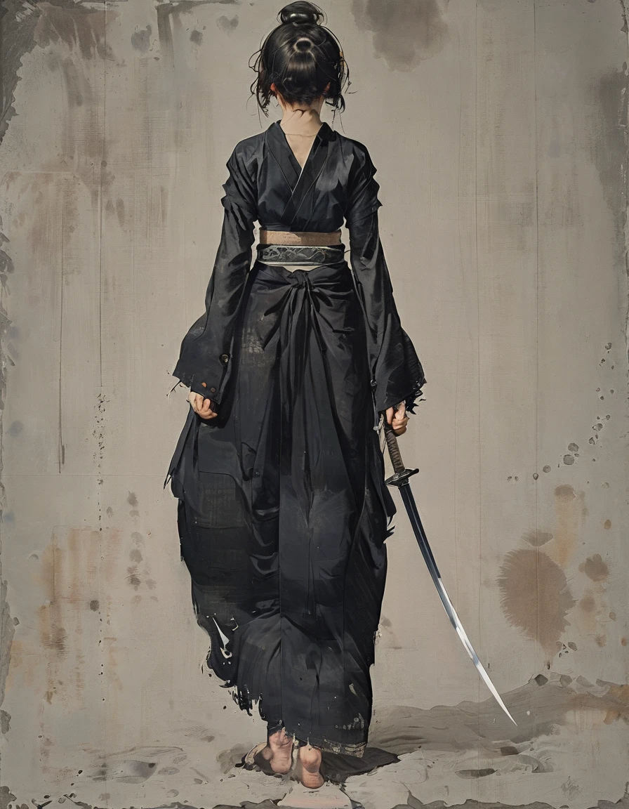 A very beautiful Japanese woman is standing with her head down, wearing a Japanese sword on her waist. Samurai in full view 足元にはcokacolaのEmpty bottleが数本転がっている cokacolaのEmpty bottleは横に倒れている Empty cola bottle colacolaのEmpty bottle Empty bottle Empty cola bottle 散乱したEmpty bottle
