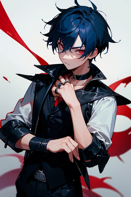 1boy, navy blue hair, red eyes, black clothes, black choker, rings on fingers, leather vest, open chest, teenage, demon boy