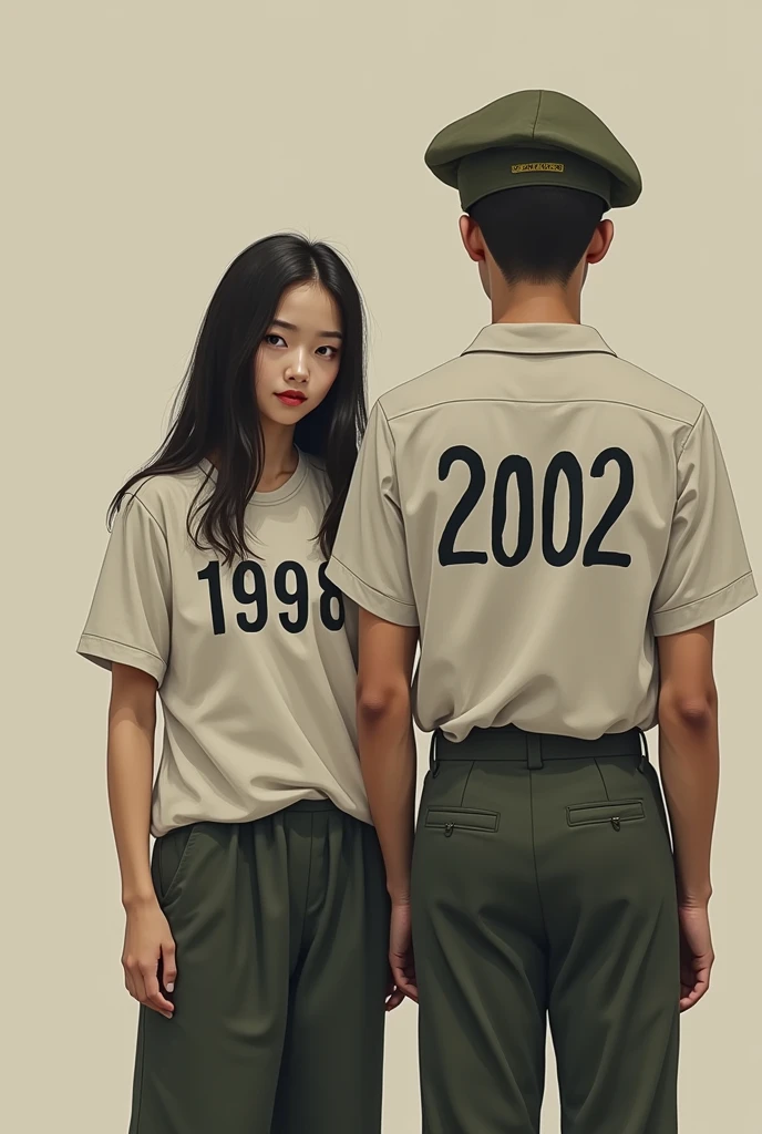 A young woman wearing a shirt with the number 1998 with a soldier wearing a shirt with the number 2002
