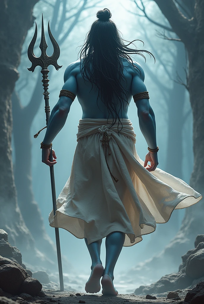 Back view of lord shiva walking by catching tryshul in hand
