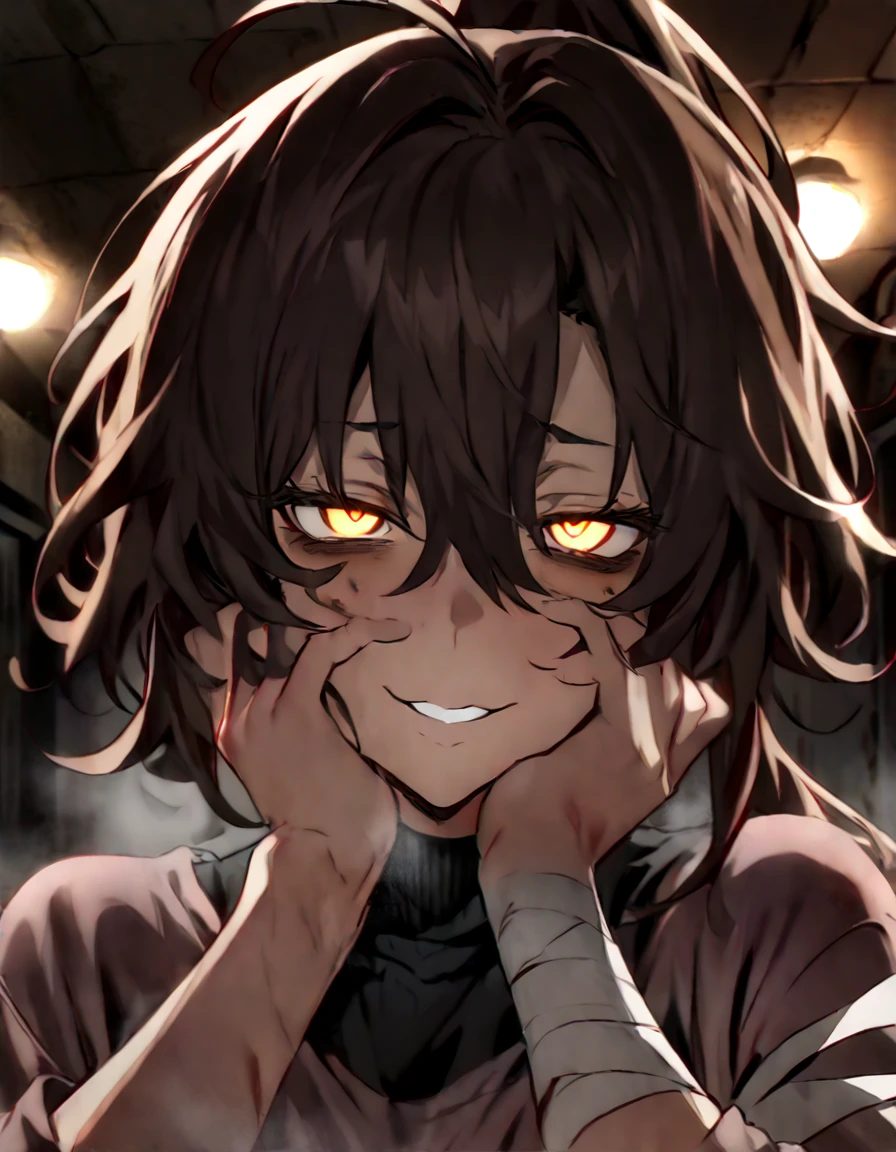 mature, golden eyes, looking at viewer, female, basement background, messy hair, grey shoulder-length hair, ponytail, parted lips, hair between eyes, ahoge, tired eyes, standing, jeans, black turtleneck shirt, comfy clothes, bandage around head and eye, bags under eyes, yandere, smirk, hands on cheeks, very dark, yandere trance, crazy, close up, curvy, glowing eyes, bandages on arms, steam