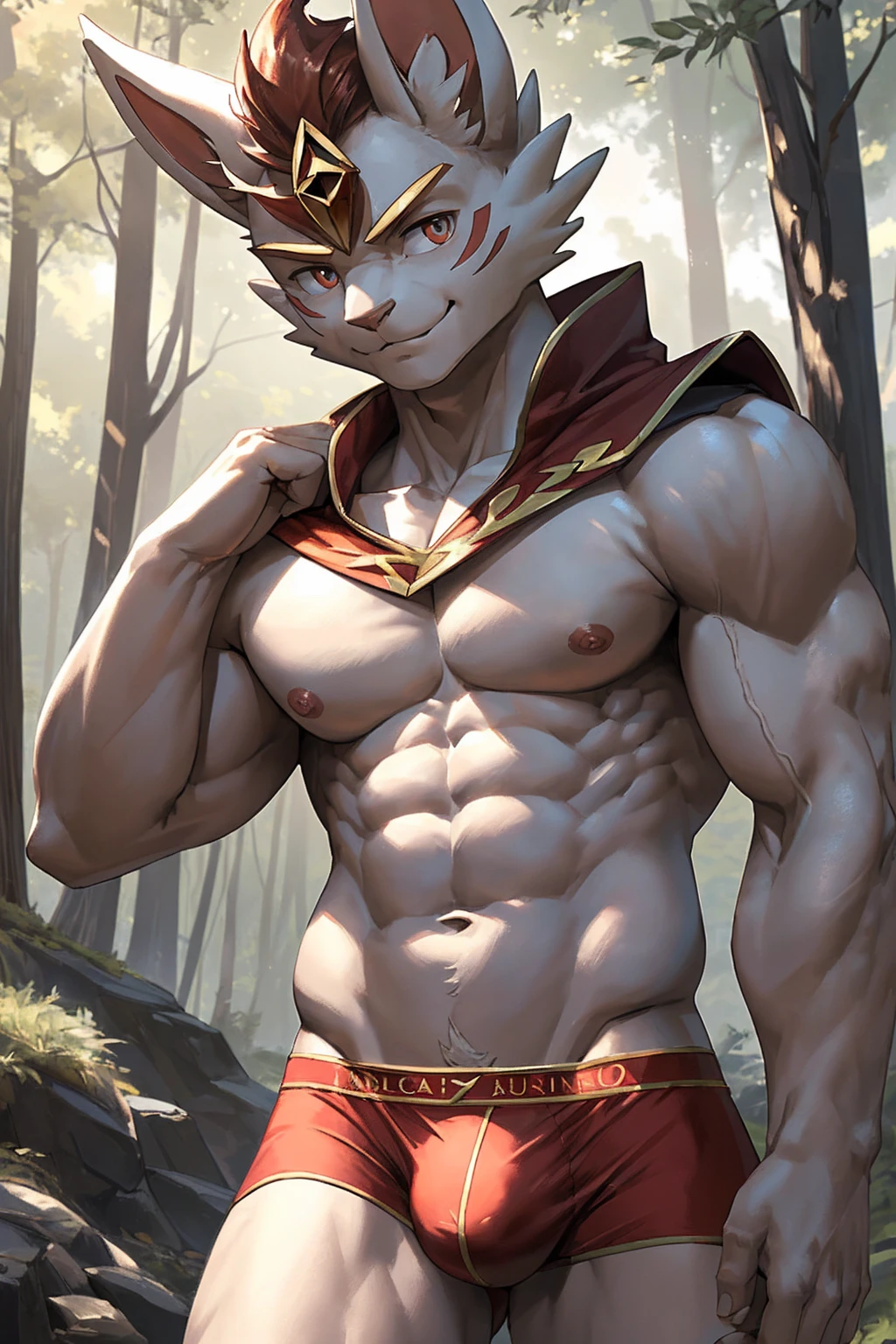 Cinderace Pokemon Boy:1.5,Cinderace Pokemon skin color:1.5,Cinderace Pokemon stripes on the body:1.5,skinny boy body:1.5,slender:1.5, skinny body build:1.5, child-like:1.5,Close-up photo,full body photo ,(8K, RAW photo, Highest quality)=1.5,((face and upper body focus:1.5)), (masculine:1.5), (romantic lighting:1.5), (sexy pose:1.5),(Skin Wrinkles:1.5),(full body portrait:1.5), (smirk:1.0),(slight smile:1.5),(((full body portrait:1.5))),wide angle:1.5, (model with attractive body:1.5,(8k:1.5, Masterpiece:1.5). High Detail:1.5 ,superior quality:1.5,Natural light:1.5, beautiful:1.5, sexy:1.5, correct anatomy:1.5, good composition:1.5,realistic shapes:1.5,realistic skin tones:1.5,Natural eyes:1.5,realistic eyes:1.5,looking up at viewer,vpl:1.5,realistic muscles:1.5,Realistic wrinkles on the skin:1.5,Realistic arms and legs:1.5,Realistic face:1.5,realistic hair:1.5,Make a sexy and seductive face:1.5,Clear Focus: 1.5,Perfect Body virile: 1.5 ,Slender Abs:1.5,Highly detailed face and skin texture:1.5,detailed eyes:1.5,front view:1.5,HDR:1.5,ultra quality, elegant:1.5,Post a erotic photoshoot:1.5,Realistic pose:1.5,detailed hair:1.5,(Fujifilm XT3 photorealistic art by midjourney:1.5),(skinny muscular:1.5)),(( medium nipples:1.5)),(perky nipples:1.5)), (Perfect fingers:1.5), (perfect arm shape:1.5),(facing viewer:1.5),(looking at viewer:1.5), (focus only:1.5),(amazing composition:1.5),(wearing tight White colors micro underwear thong with bulky bulge:1.5),bulky bulge and medium butt:1.5,Standing:1.5, on a forest path:1.5, forest background:1.5, in the morning:1.5, morning atmosphere:1.5