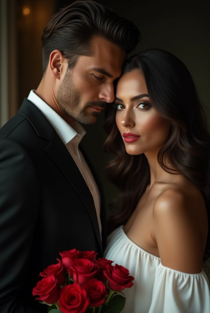Modern. Not wear. Elegant couple, masculie man (mature) and beautiful girl. Dark hair color. Very deatiled face. pretty eyes (perfect eyes). 8K resolution. Masterpiece. the man in a dark suit with the a serious expression, adjusts his tie. the women in a an off shoulder white dress, hold a small bouquet of red roses,looking thoughtful. the mood is a romantic with touch of tension, highlighted by their elegant appearance and the daramatic backdrop. they are standing not facing each other, which adds a senses of tension to their relationship