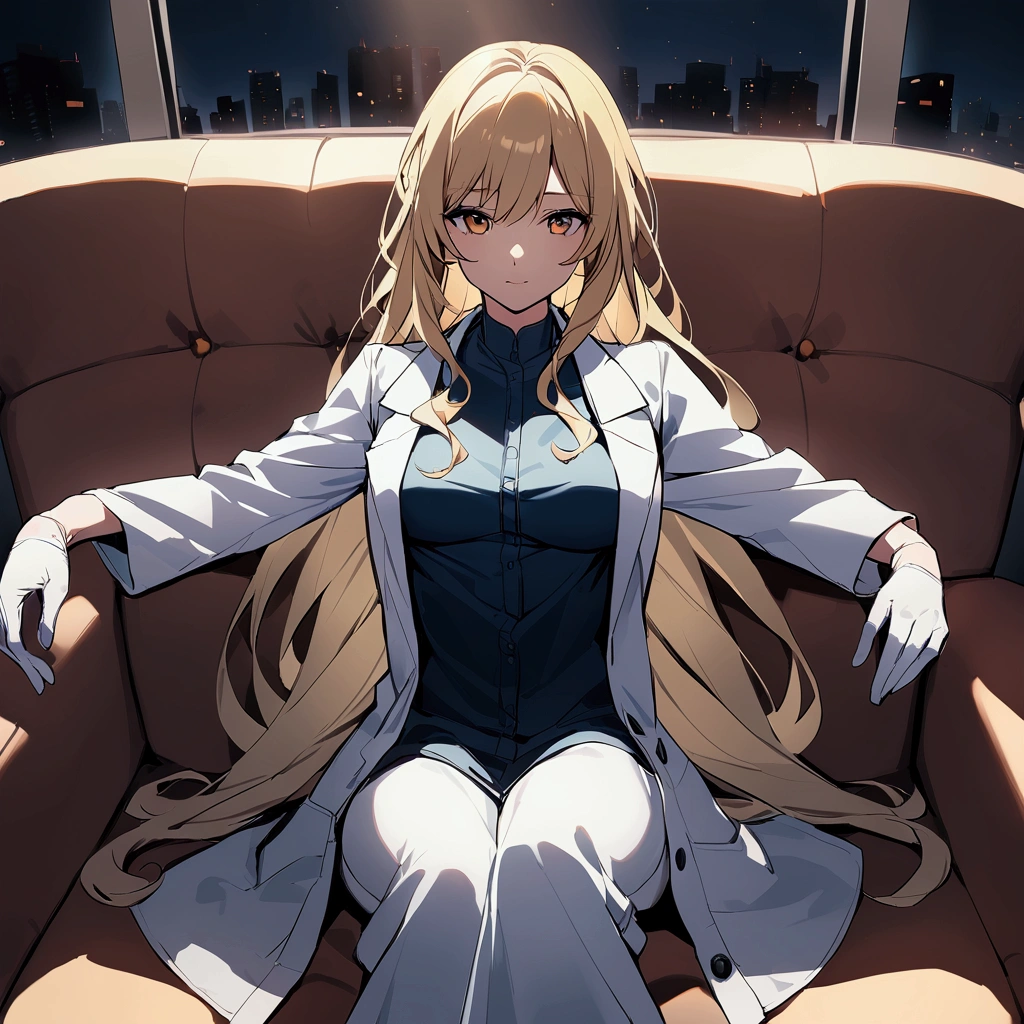 Living room background, night time, Lab coat, surgical gloves, long hair, 1woman, blond hair, shining hair, sitting on couch. Medium breast, facing viewer.