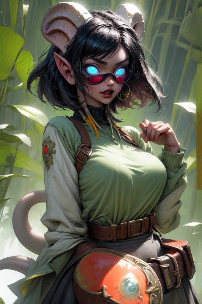 masterpiece, best quality, 1girl, solo, draenei, glowing eyes, colored sclera, tail ornament, hooves, white skin, blue eyes, black hair, shiny silver pouty lips, (tentacle hair:0.8), close-up, upper body, hair ornament, plump and large breasts, shiny skin, shiny silver lipstick, goggles , bob hair cut, fantasy, magic, psy powers, leather apron, toolbelt