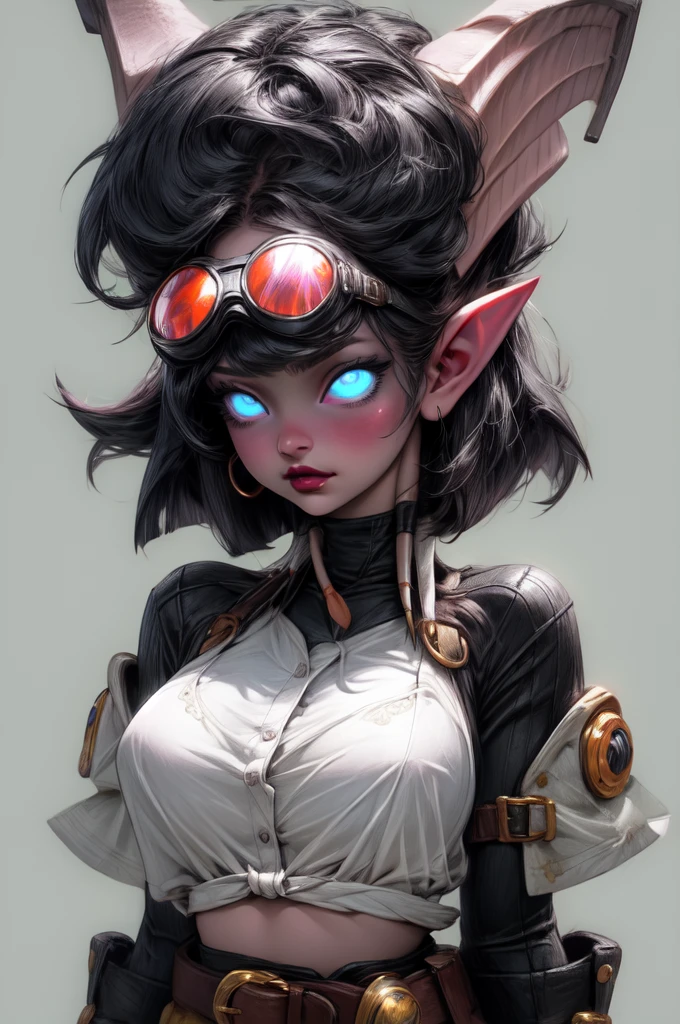 masterpiece, best quality, 1girl, solo, draenei, glowing eyes, colored sclera, tail ornament, hooves, white skin, blue eyes, black hair, shiny silver pouty lips, (tentacle hair:0.8), close-up, upper body, hair ornament, plump and large breasts, shiny skin, shiny silver lipstick, goggles , bob hair cut, fantasy, magic, psy powers, leather apron, toolbelt