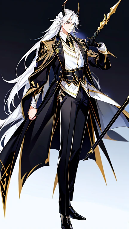 Handsome, solo, 1 male, long hair, white hair, yelow eye, wearing a black shirt, black and white suit, and black dress shoes, with two golden horns, standing while holding a black halberd.