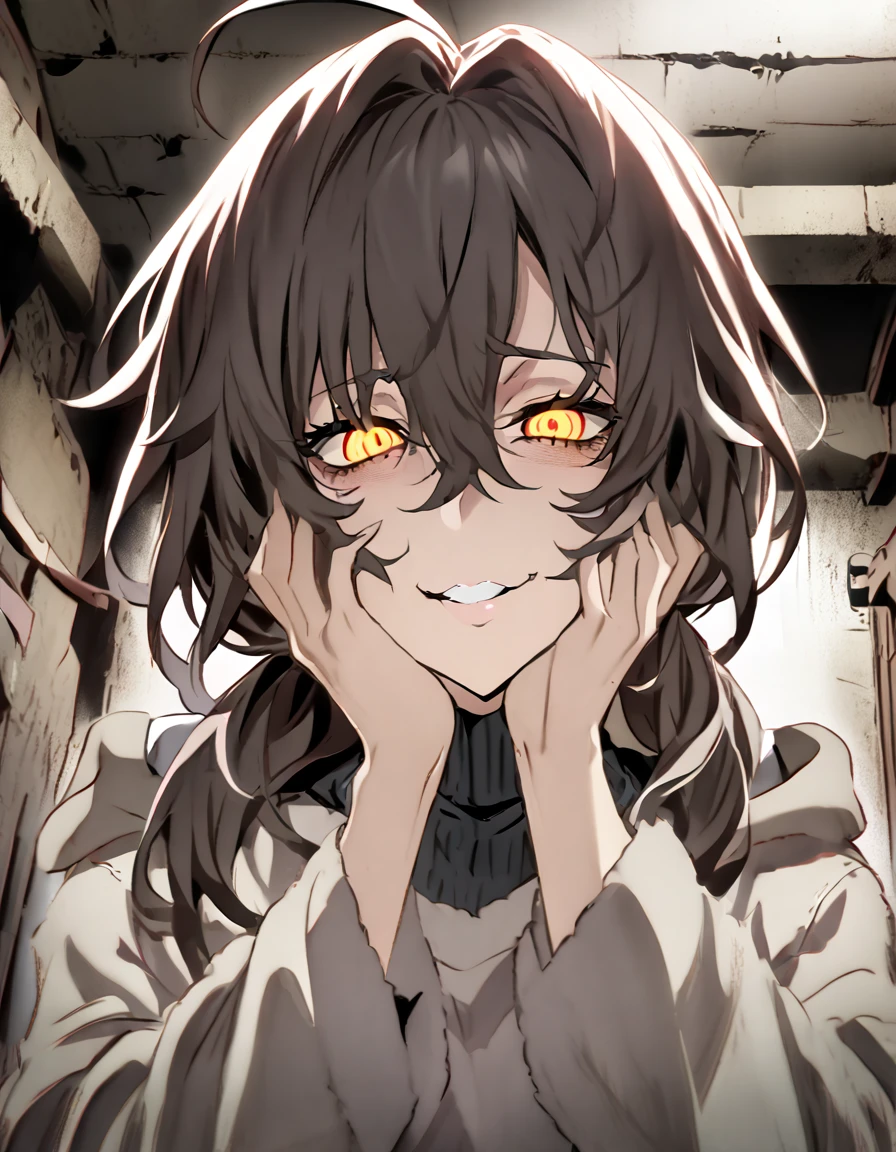 mature, golden eyes, looking at viewer, female, basement background, messy hair, grey shoulder-length hair, ponytail, parted lips, hair between eyes, ahoge, tired eyes, standing, jeans, black turtleneck shirt, comfy clothes, bandage around head and eye, bags under eyes, yandere, smirk, hands on cheeks, very dark, yandere trance, crazy, close up, curvy, glowing eyes, dark