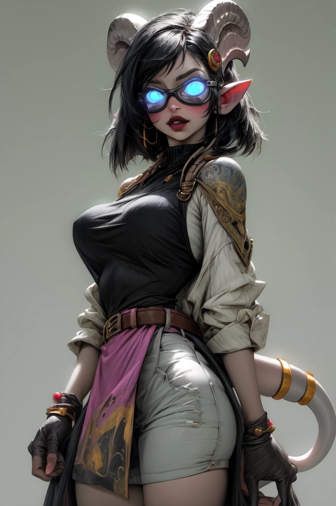 masterpiece, best quality, 1girl, solo, draenei, glowing eyes, colored sclera, tail ornament, hooves, white skin, blue eyes, black hair, shiny silver pouty lips, (tentacle hair:0.8), close-up, upper body, hair ornament, plump and large breasts, shiny skin, shiny silver lipstick, goggles , bob hair cut, fantasy, magic, psy powers, leather apron, toolbelt