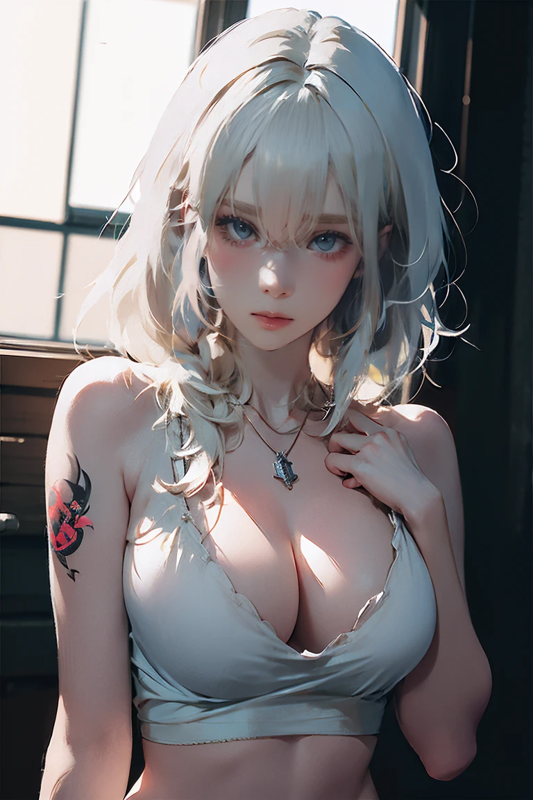 ((woman with tattoo on chest)), girl, Short white hair with bangs, Black strands of hair, Purple eyes, White T-shirt and , Pendant around the neck. Natural and beautiful standing posture, Crisp and realistic body detail. 超High resolution.Photorealistic:1.4,超High resolution. Realistic，High resolutionで, masterpiece, Highest quality, Very detailed, Better Shadows, Volumetric lighting), super high quality, High resolution, 8k, Ultra-Realistic Portraits , Photorealistic, Dynamic Lighting, Volumetric lighting, Very detailed顔,(NSFW:0.9),Large Breasts