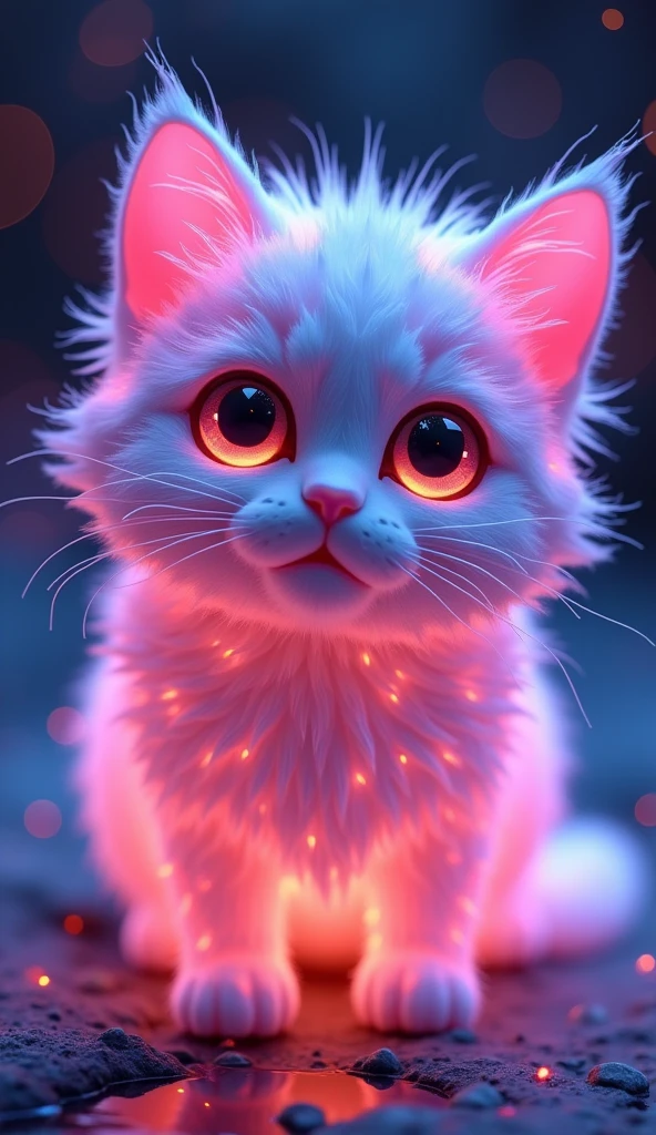 매혹적인 3D rendering은 빛나는 것을 보여줍니다., A very fluffy kitten sculpted entirely from crystal, glowing with vibrant neon colors. This low poly creature looks out of this world, Its big, Glowing low poly eyes that grab the viewer's attention. With a beautiful bokeh background, A glowing cat is the main focus of this piece.., Inspiring wonder and awe. The innovative use of neon hues and low-poly style in this conceptual art design highlights the artist's creativity and innovative approach to 3D rendering, It made it a truly fascinating and unique piece of art..., vibrant, 3D rendering, product, conceptual art, picture