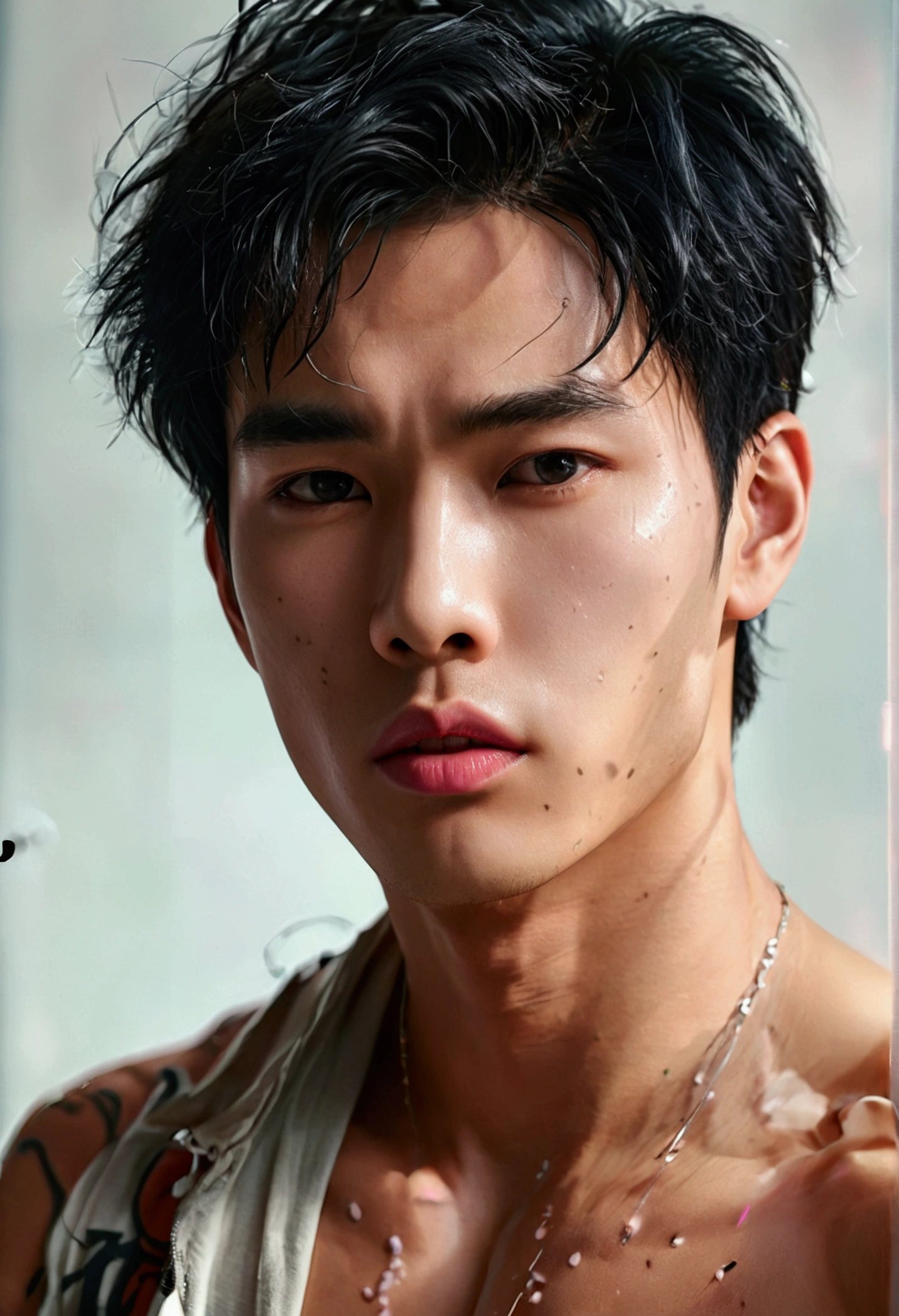 Realistic detailed, 8k pic of handsome tall asian boy with perfect face, white skin tone, black hair, light pink lip, showing abs full body pic  