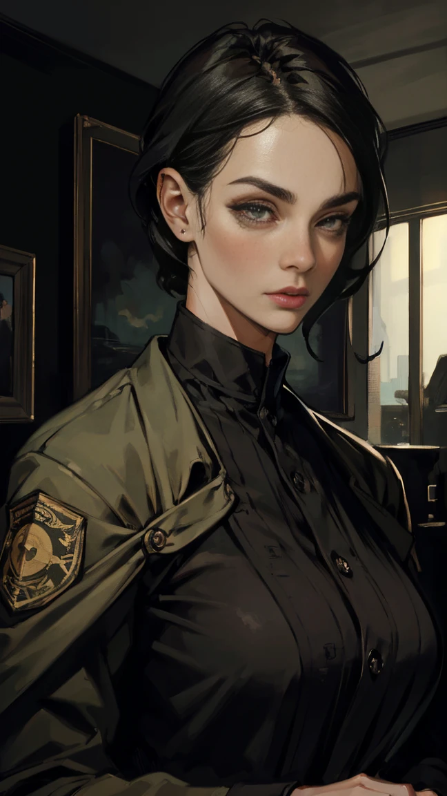 beautiful detailed eyes, beautiful detailed lips, extremely detailed eyes and face, long eyelashes, 1 woman, military woman, black short hair, black eyes, black clothes, camouflage, coat, indifferent facial expression, doctor, best quality, 4k, 8k, highres, masterpiece:1.2, ultra-detailed, realistic, photorealistic, photo-realistic:1.37, HDR, studio lighting, ultra-fine painting, sharp focus, physically-based rendering, extreme detail description, professional, vivid colors, portraits